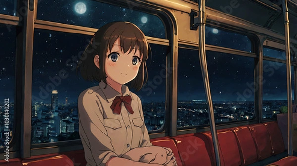 Fototapeta An anime character  alone in the train after hours, nightime in the train