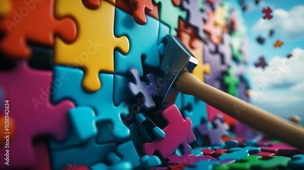 Obraz A colorful puzzle wall with a hammer striking a piece, symbolizing problem-solving and creativity, with scattered puzzle pieces in the background against a bright sky