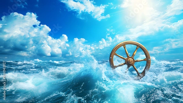 Fototapeta Navigating the Boundless Waters: A Sturdy Ship Wheel on a Boat Gliding Over Turquoise Waves