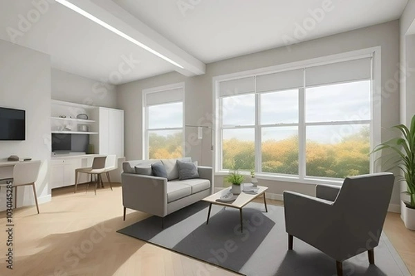 Fototapeta A contemporary living room featuring a stylish couch, a chair, and a sleek table, creating a cozy atmosphere.