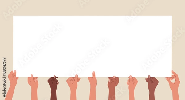 Obraz Diverse multiracial hands holding long blank banner. Hand drawn vector illustration isolated on light background. Flat cartoon style.