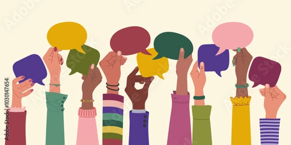 Obraz Multiracial hands holding speech bubbles, ideas exchange. Concept of teamwork, cooperation and communication. Hand drawn vector illustration isolated on light background.Modern flat cartoon style.