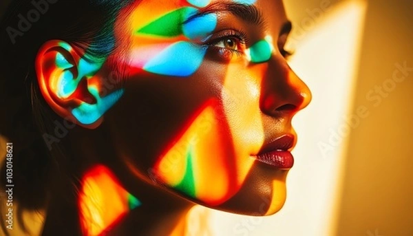 Fototapeta Artistic portrait of a woman with multicolored lighting and shadow patterns on her skin