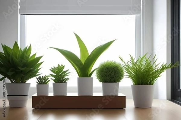 Fototapeta Five distinct indoor plants displayed in white pots, highlighting various shapes and colors of leaves in a cozy environment.