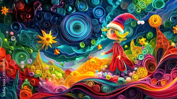 Fototapeta Beautiful 3D quilled Christmas Elf, with vibrant, colorful paper art, and swirls in the sky, psychedelic art, colorful and dreamy. 