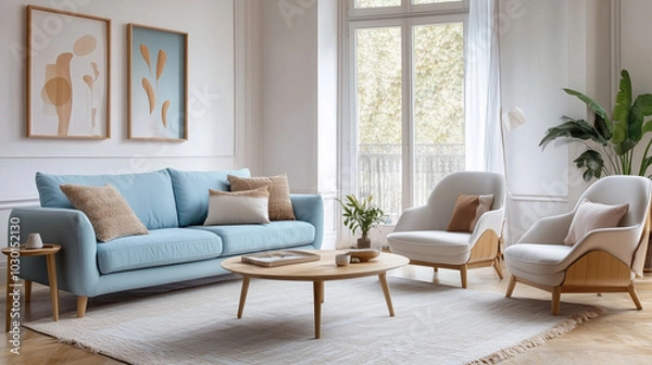 Obraz A light blue sofa with wooden legs a beige armchair and a coffee table in the living room featuring a Scandinavian interior design style