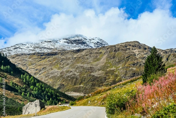 Fototapeta Livigno, Forcola di Livigno, Passo Forcola, Passstrasse,  Bergpass, Alpen, Piz Orsera, Piz dals Lejs, Monte Vago, Wanderweg,  Fluss, Spöl, Berninagruppe, Herbst, Herbstfarben, Zoll, Italien