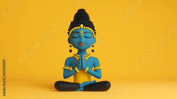 Fototapeta A serene blue figure in a meditative pose, adorned with elegant jewelry, against a vibrant yellow background, symbolizing peace and mindfulness.