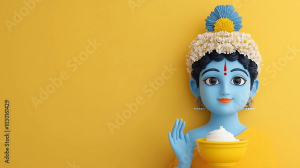 Fototapeta A serene blue statue of a deity adorned with flowers, holding a bowl, set against a vibrant yellow background. Perfect for illustrating themes of spirituality and devotion.