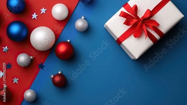 Fototapeta Festive gift box with red ribbon surrounded by colorful ornaments on a vibrant background.