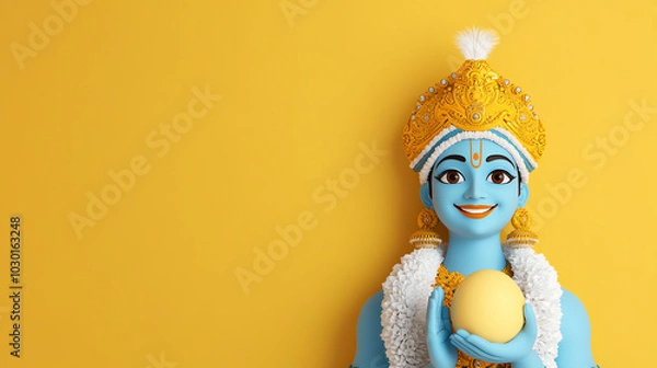 Fototapeta A vibrant statue of a deity holding a yellow orb, adorned with traditional attire and a bright expression, set against a yellow background, symbolizing joy and divinity.