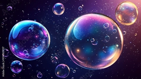 Fototapeta A picture of soap bubbles in different shapes and sizes, floating on a dark background. It's a great image for designs about bubbles or anything playful.
