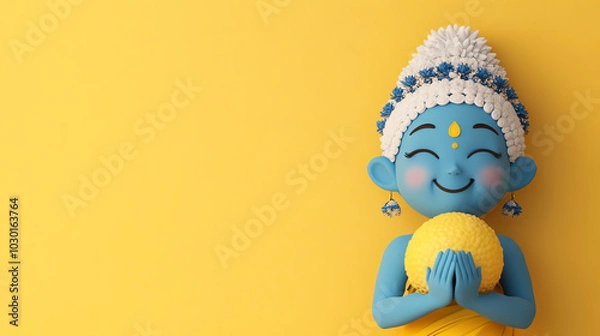 Fototapeta Colorful figurine representing joy and serenity, with traditional attire and floral adornment, against a bright yellow background, conveying a sense of peace and happiness.