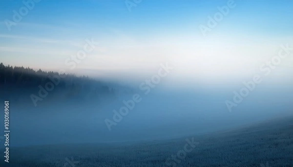 Fototapeta Frosty Winter Dawn Over a Misty Valley. Ethereal Landscape of Frost Covered Fields and Bare Trees Shrouded in Morning Fog, Capturing Tranquility and the Subtle Blue Hues of a Crisp, Quiet Sunrise