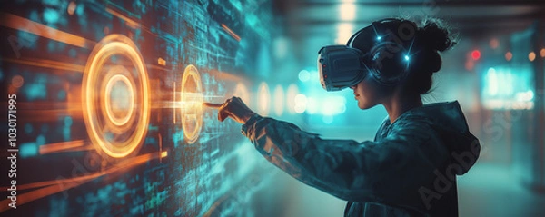 Fototapeta Futuristic scene where someone sets goals in a VR environment with targets