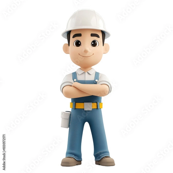 Fototapeta 3D cartoon of a fun construction worker, dedicated to his work and having a positive attitude towards people.