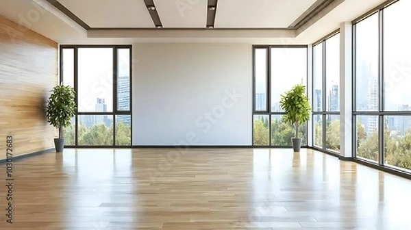 Fototapeta Modern interior design a bright and spacious room with floor-to-ceiling windows overlooking a lush landscape