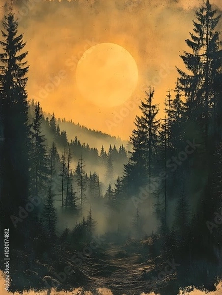 Fototapeta A mystical forest scene with a large, glowing sun setting behind the tall trees. The mist adds to the enchanting atmosphere.