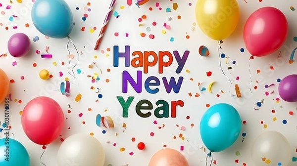 Fototapeta Festive "Happy New Year" text surrounded by shiny, floating balloons in various pastel colors, party poppers exploding with vibrant confetti, colorful streamers swirling around,