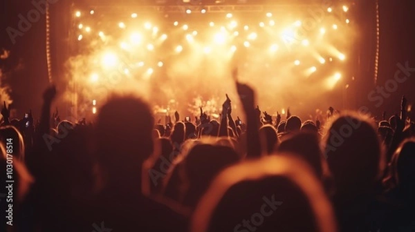 Fototapeta Vibrant summer music festival atmosphere, energetic crowds enjoying live performances, colorful stage lights illuminating the night, a celebration of music and unity.