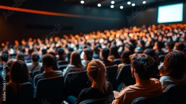 Obraz Business conference attendees engaged in discussions, diverse audience in a spacious hall, networking opportunities, professional atmosphere, collaboration and learning environment.