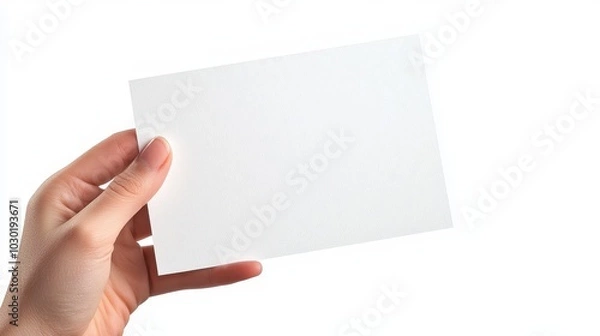 Fototapeta A close-up of a hand holding a blank white horizontal flyer, isolated on a white background. Perfect for mockups, branding, and advertising concepts.