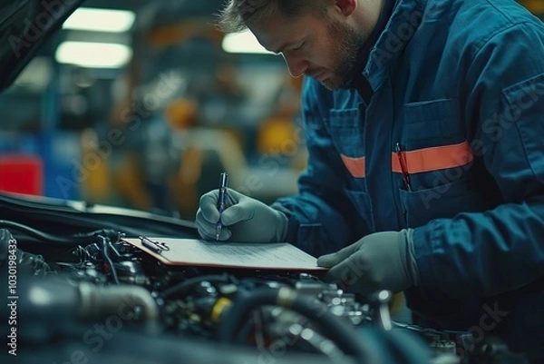 Obraz Engineer Inspecting Vehicle Engine for Repair Estimates