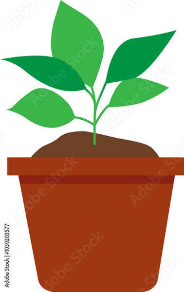 Fototapeta A brown flower pot with green plant. Vector illustration with transparent background.	