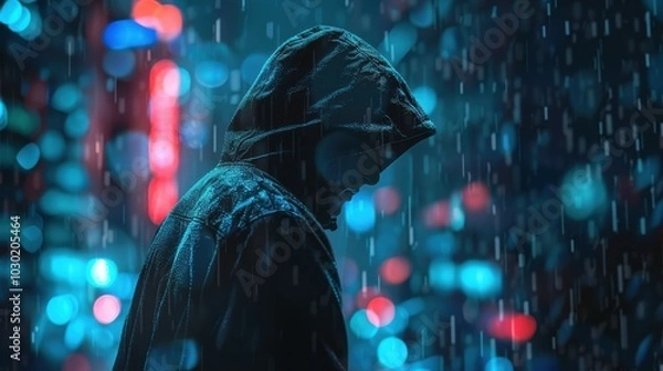 Fototapeta Man in hoodie standing under rain on background of night city.