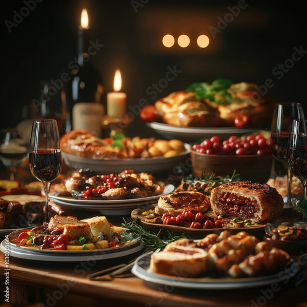 Obraz Lush Table Spread with Gourmet Dishes and Fine Wine