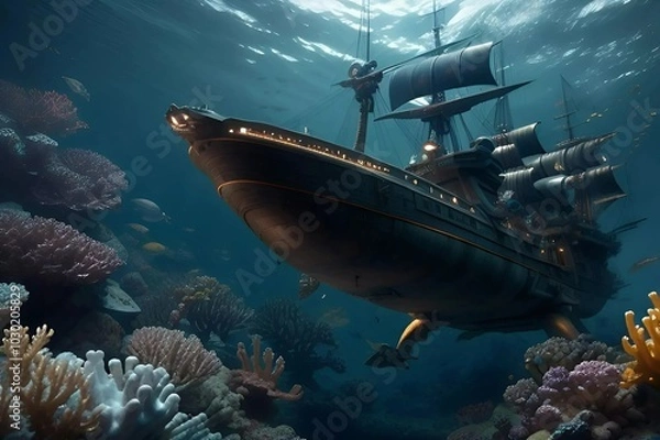 Fototapeta An underwater view featuring a sunken pirate ship surrounded by colorful marine life and coral formations.