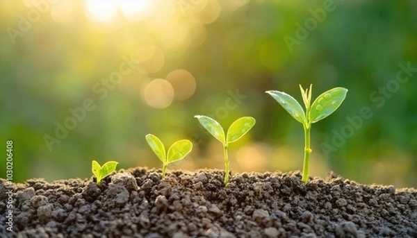 Fototapeta The Sapling are growing from the soil with sunlight and water drop on it, step growth after rain in natural background