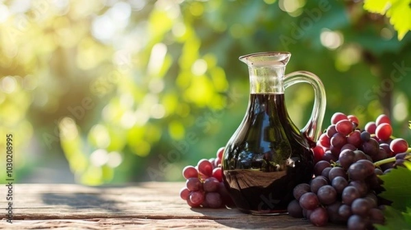 Fototapeta A Taste of Elegance: Black Old Balsamic Vinegar in a Glass Jug Amidst a Lush Green Vineyard with Fre