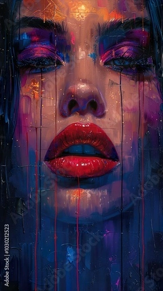 Obraz Close-Up Portrait of a Woman with Bold Makeup and Abstract Strokes