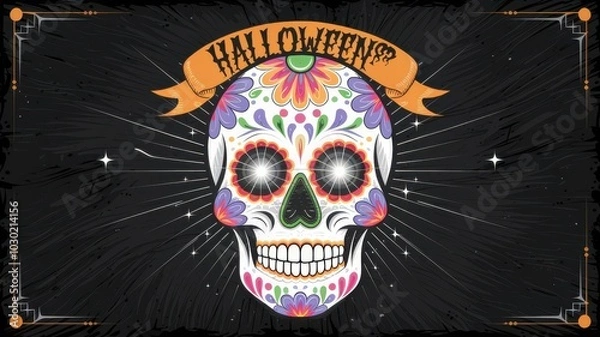 Fototapeta Vibrant Floral Skull Illustration Halloween Marketing - Colorful Sugar Skull Art Party Decorations Social Media