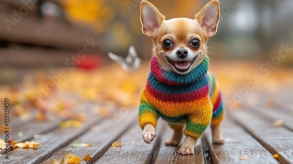 Obraz A happy chihuahua in a colorful sweater.