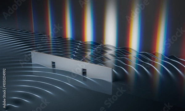 Fototapeta Double-slit experiment in physics. Quantum physics and particle-wave duality concept. 3D rendered illustration.