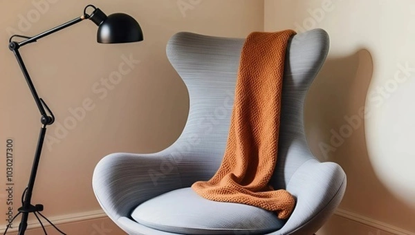 Fototapeta A stylish chair and matching ottoman set in a sunlit room, with a window providing natural light.