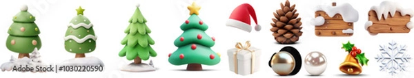 Obraz 3D vector illustration of various Christmas-themed elements including Christmas trees, Santa hat, pinecone, snow-covered wooden signs, gift box, ornaments, bells, and snowflakes