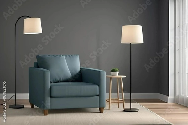 Fototapeta A blue chair accompanied by a lamp in a softly lit room, enhancing the overall ambiance and comfort.