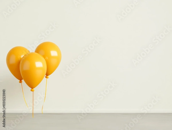 Fototapeta Three bright yellow balloons are grouped together against a plain wall, creating a cheerful and minimalistic indoor decor.