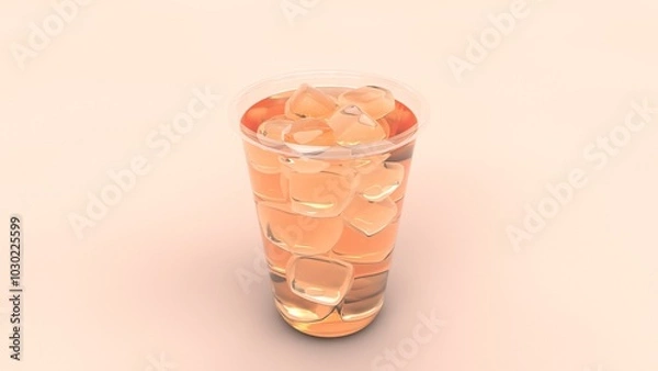 Fototapeta A 3D-rendered cup of iced tea filled with ice cubes, placed on a light, neutral background. The drink appears refreshing and is perfect for showcasing beverages in product presentations.