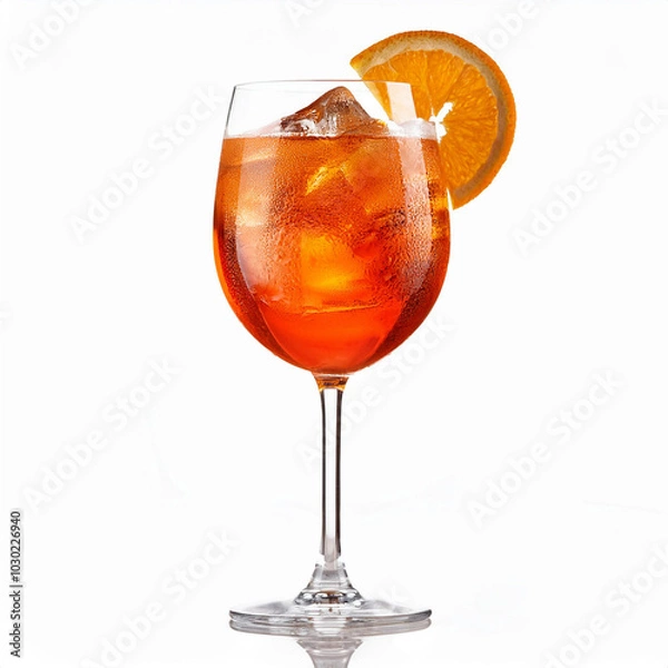 Fototapeta Refreshing Aperol Spritz Cocktail with Ice and Orange Slice Isolated on White Background