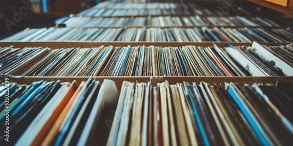 Obraz A close-up of a collection of vintage vinyl records.