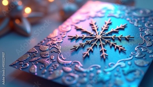 Fototapeta A close-up of a futuristic Christmas card, made of shimmering holographic paper. The card is adorned with a delicate snowflake design