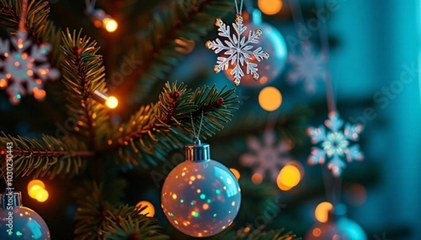 Fototapeta A close-up of a cybernetic Christmas tree, its branches composed of intricate circuitry and glowing LEDs