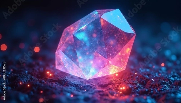 Fototapeta A close-up of a single, faceted crystal, emitting a bright and colorful glow. The crystal is made of a futuristic