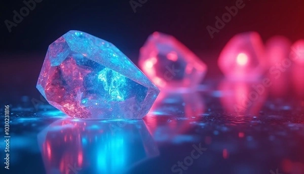 Fototapeta A close-up of a single, faceted crystal, emitting a bright and colorful glow. The crystal is made of a futuristic