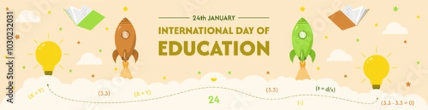 Fototapeta Education Day banner design with lightbulb, stars, books, and rockets. Vector illustration.