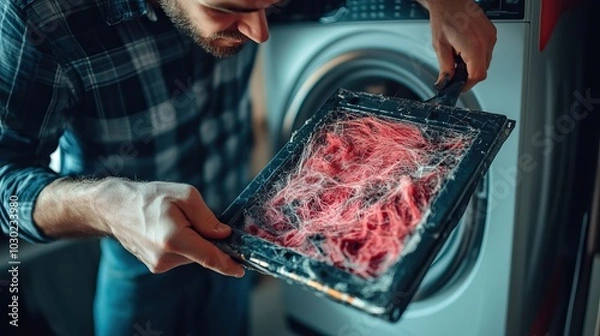 Fototapeta Man inspecting lint filter after laundry